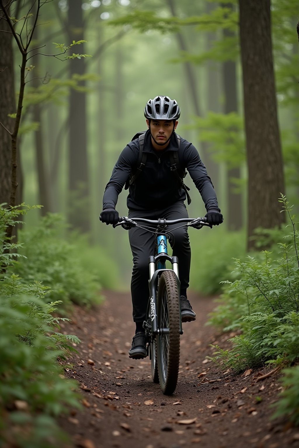 man as individual mountain biking through a dense forest trail