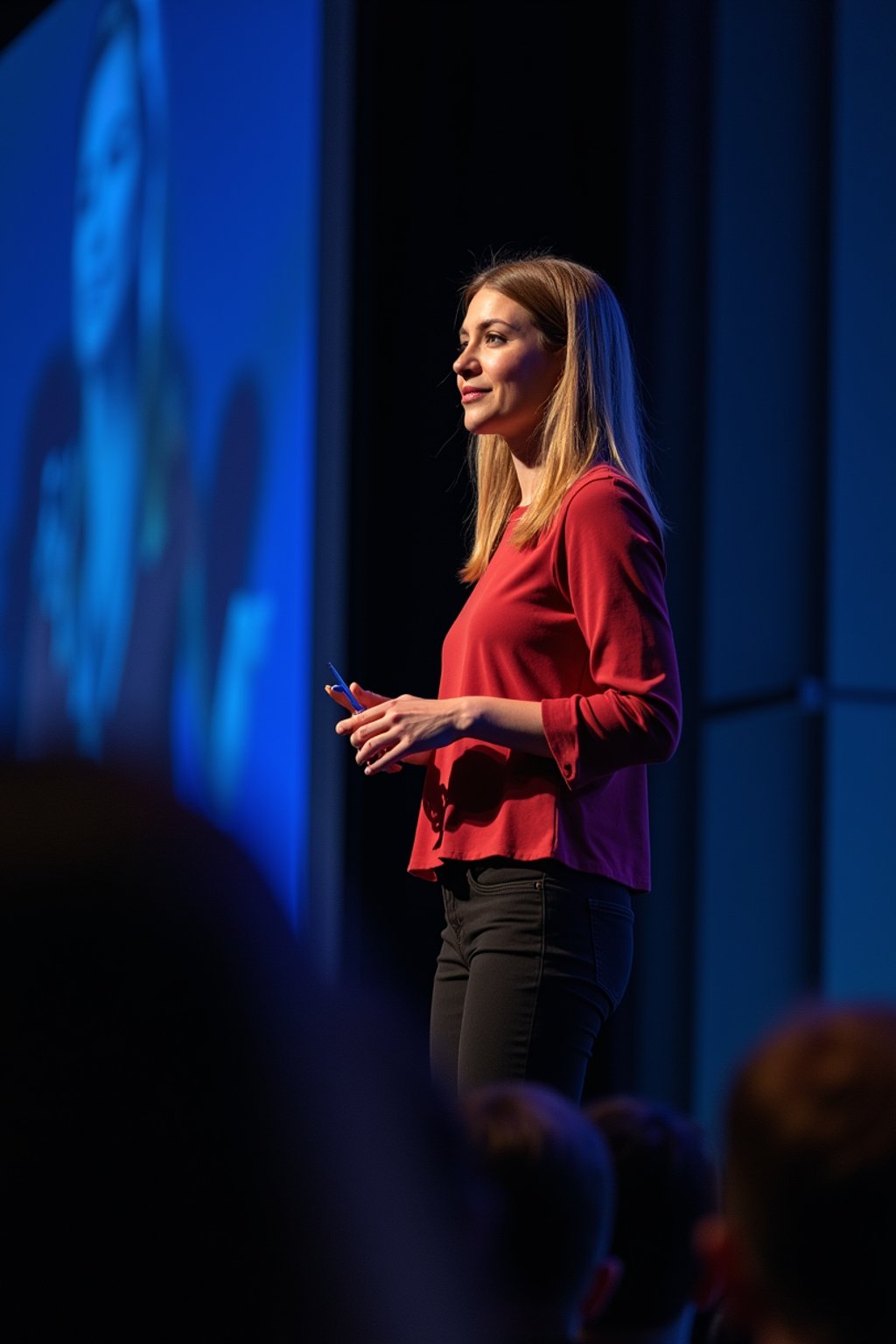 woman as a conference keynote speaker standing on stage at a conference