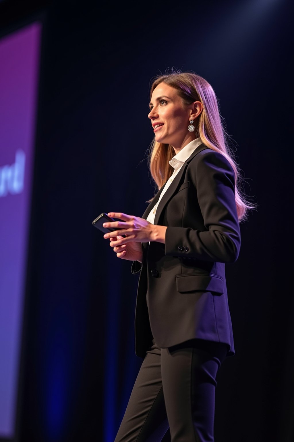 woman as a conference keynote speaker standing on stage at a conference