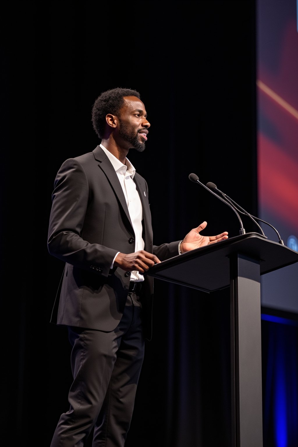 man as a conference keynote speaker standing on stage at a conference