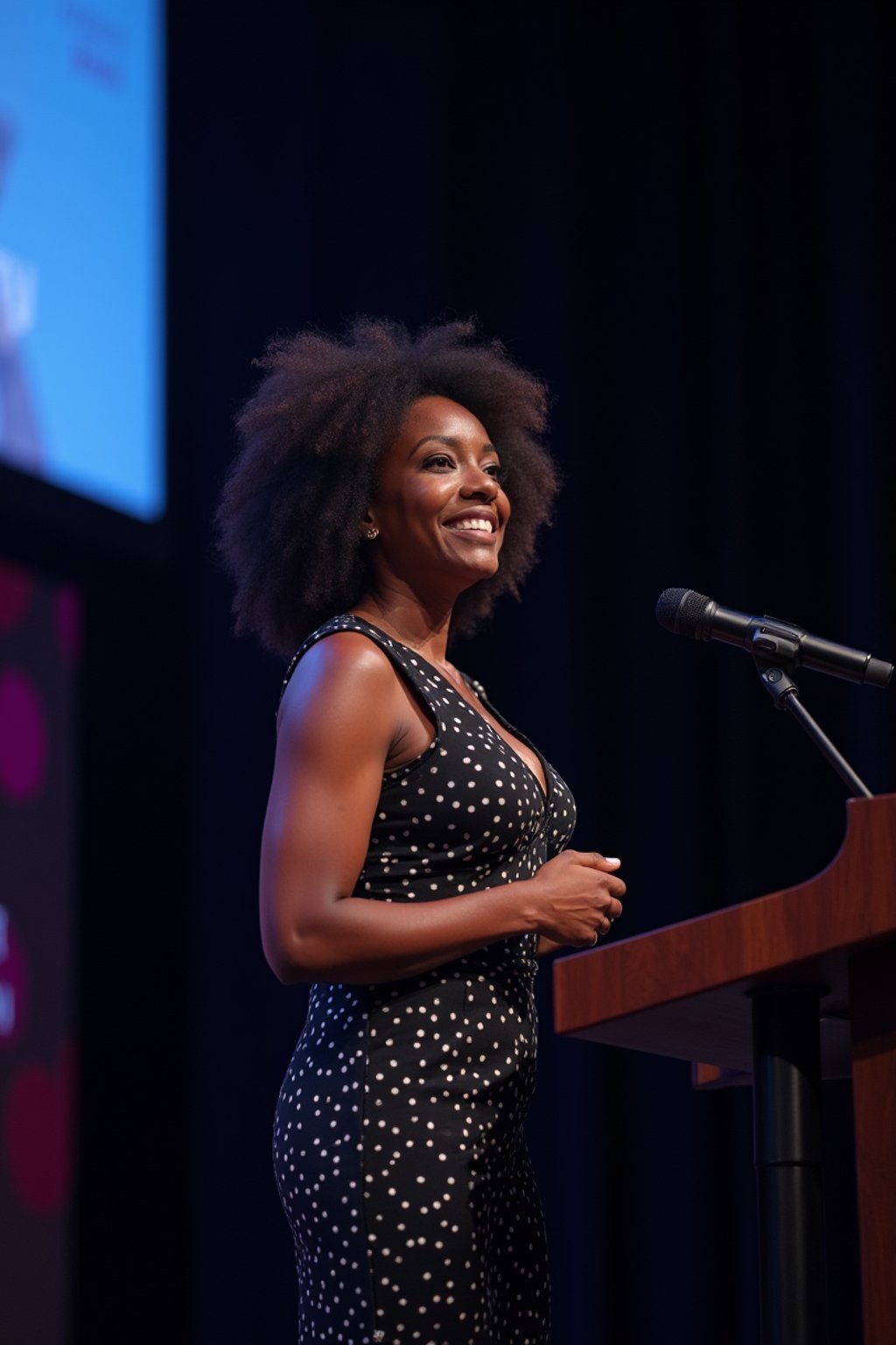 woman as a conference keynote speaker standing on stage at a conference