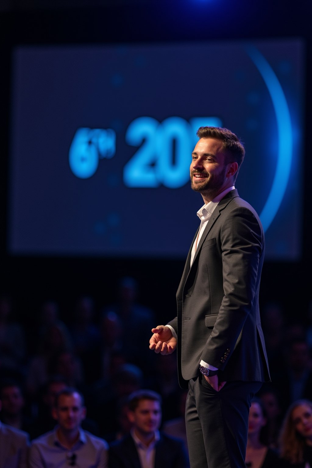 man as a conference keynote speaker standing on stage at a conference