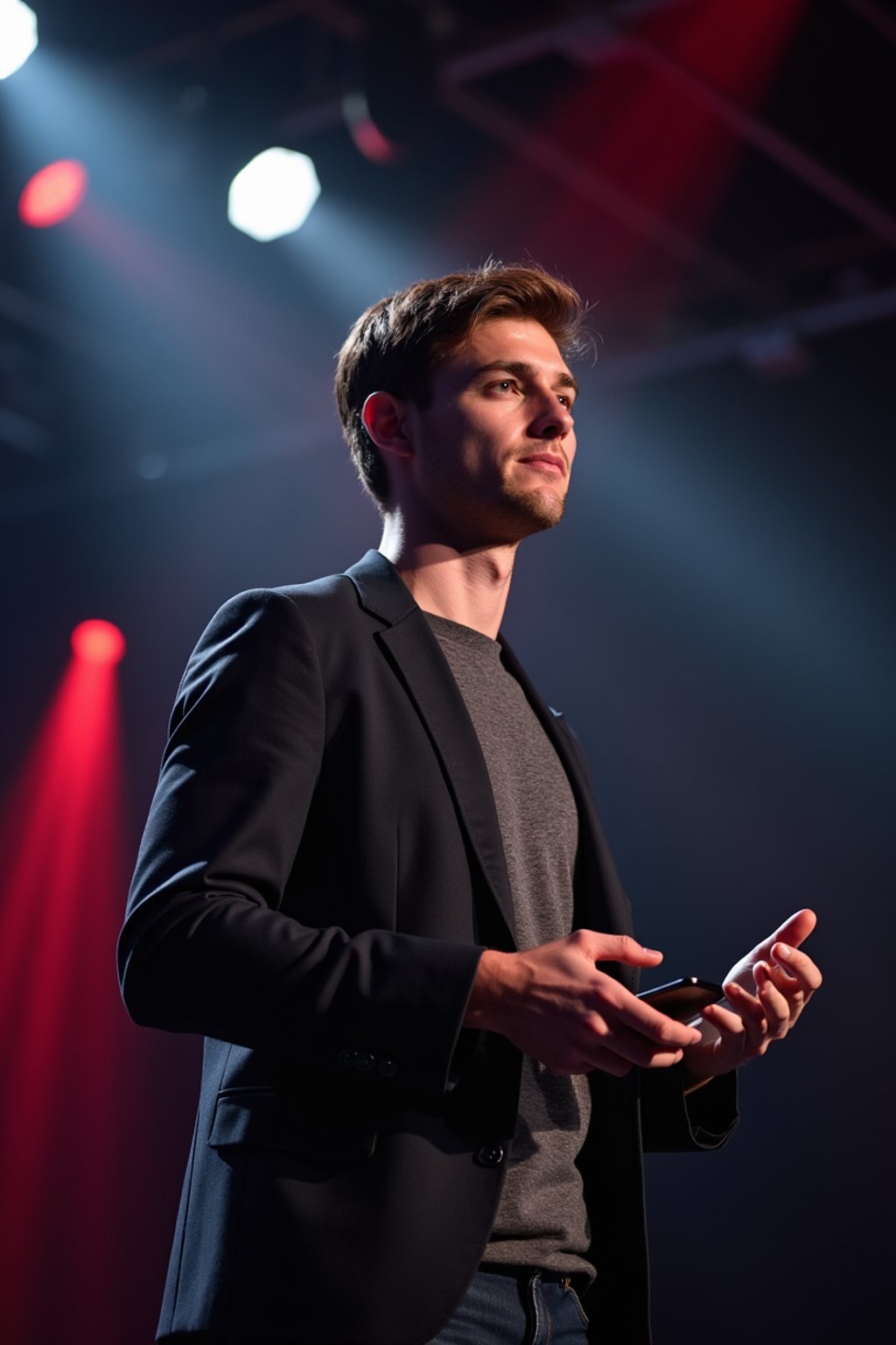 man as a conference keynote speaker standing on stage at a conference