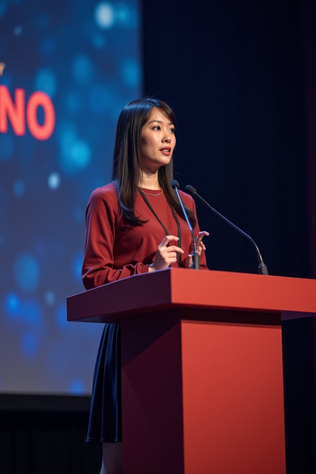 woman as a conference keynote speaker standing on stage at a conference