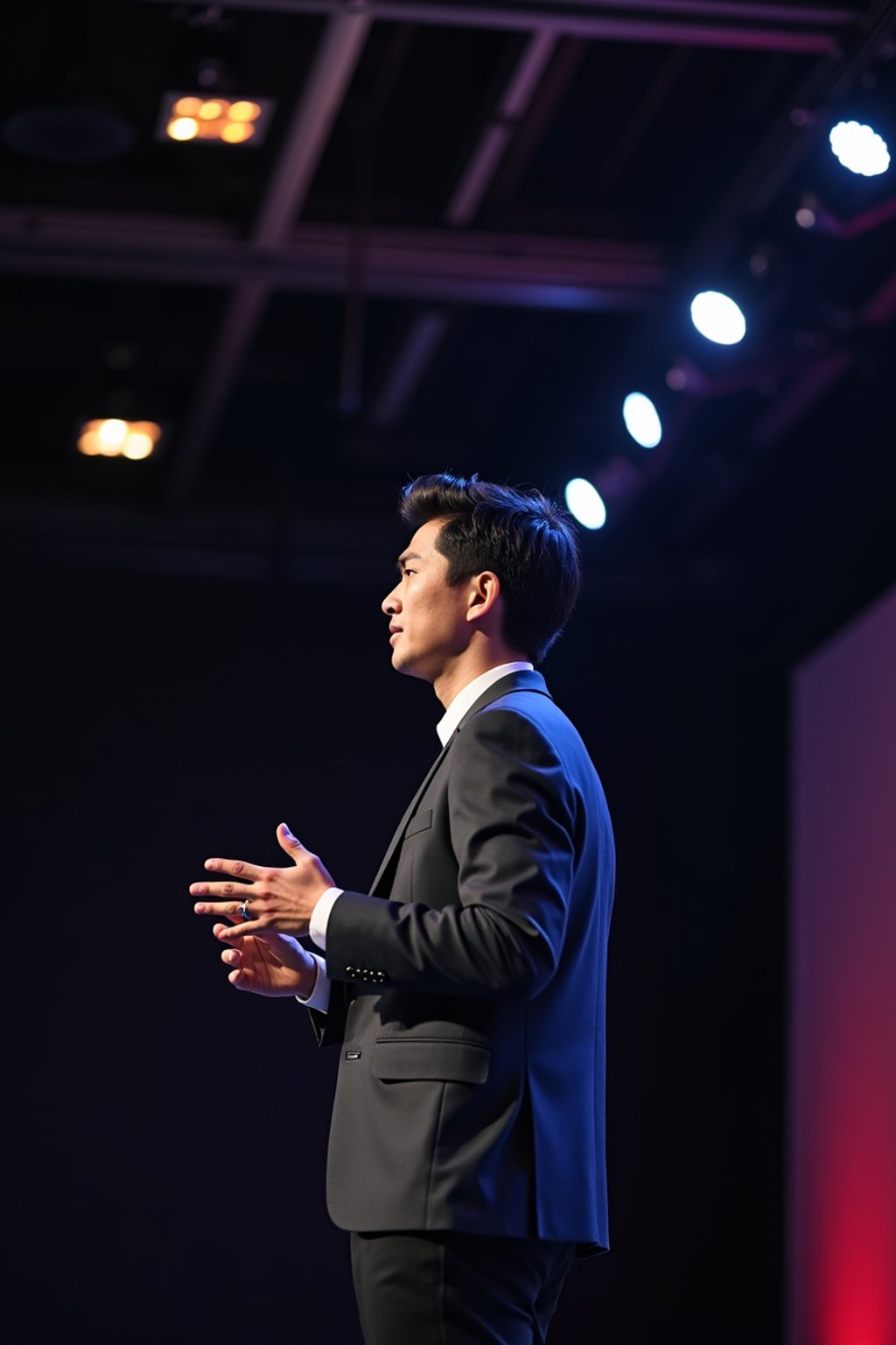 man as a conference keynote speaker standing on stage at a conference