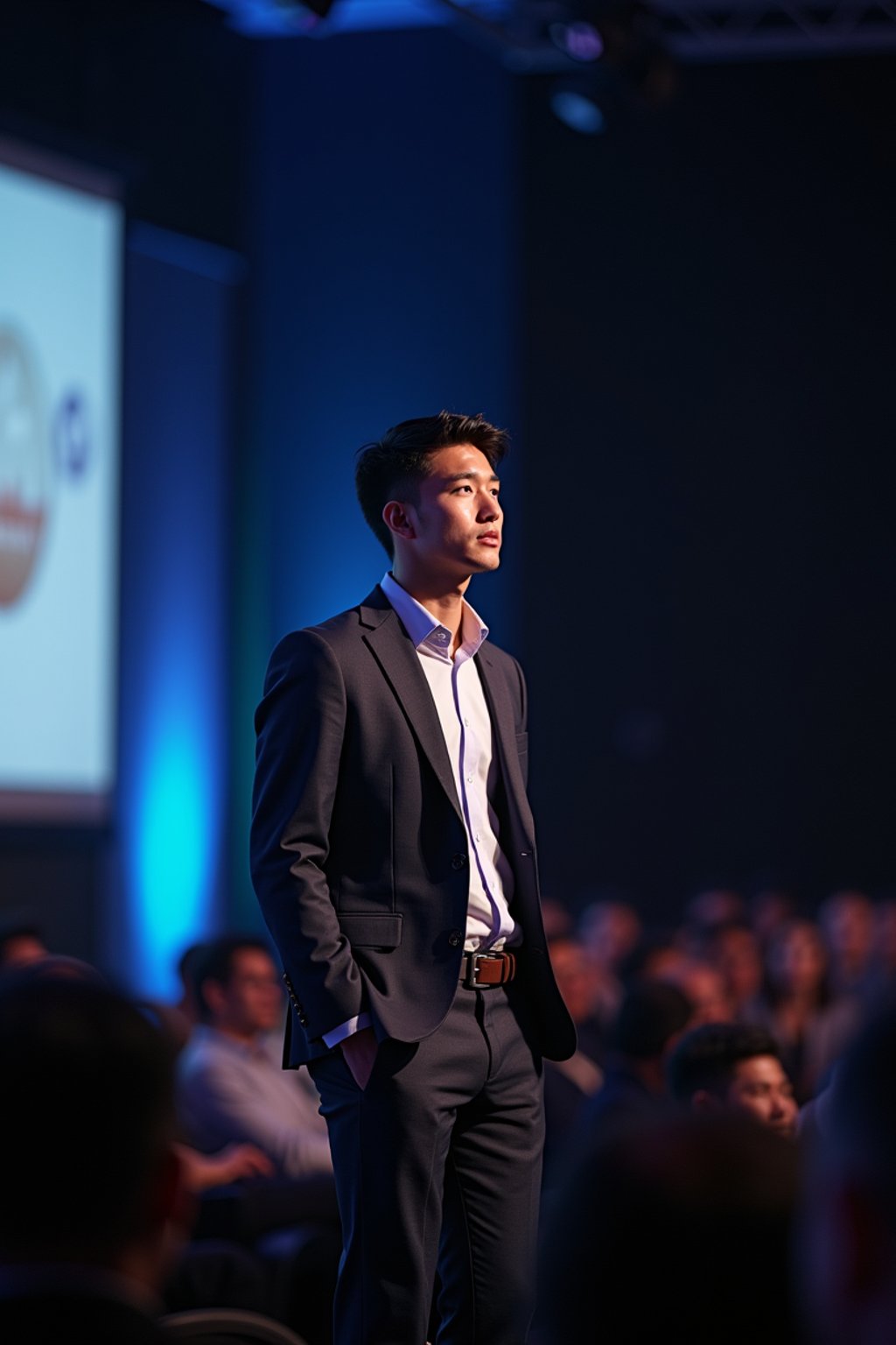 man as a conference keynote speaker standing on stage at a conference