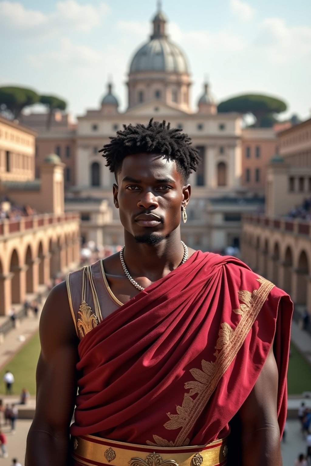 grand and historical man in Rome wearing a traditional Roman stola/toga, Colosseum in the background