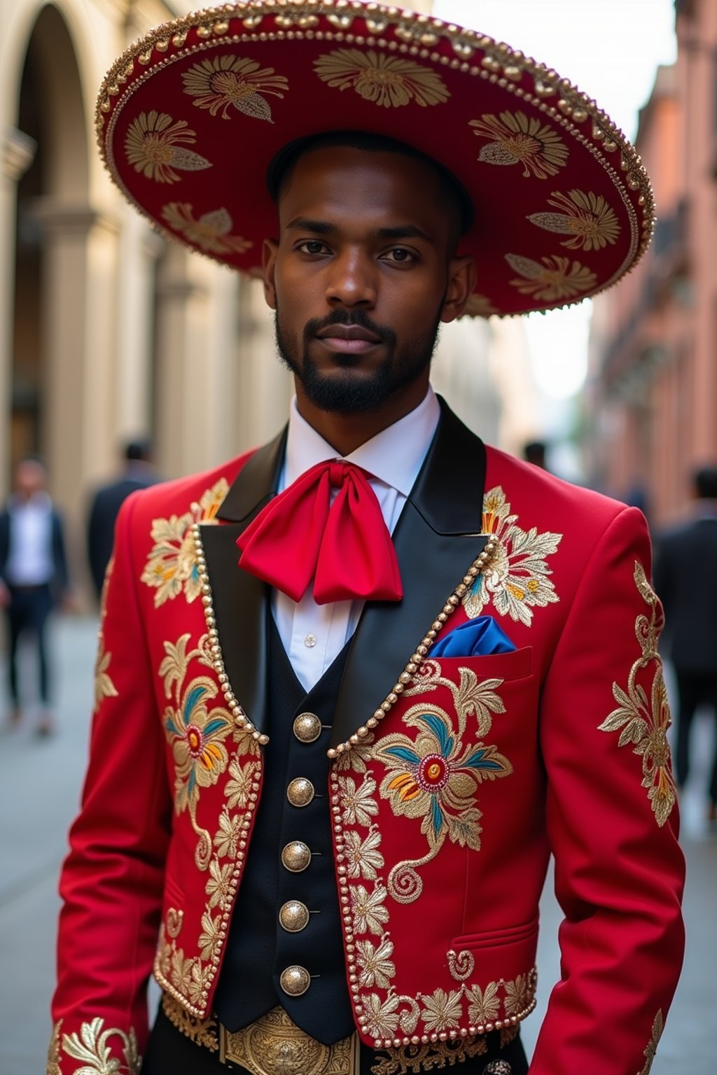 bold and cultural man in Mexico City wearing a traditional charro suit/china poblana, Frida Kahlo Museum in the background