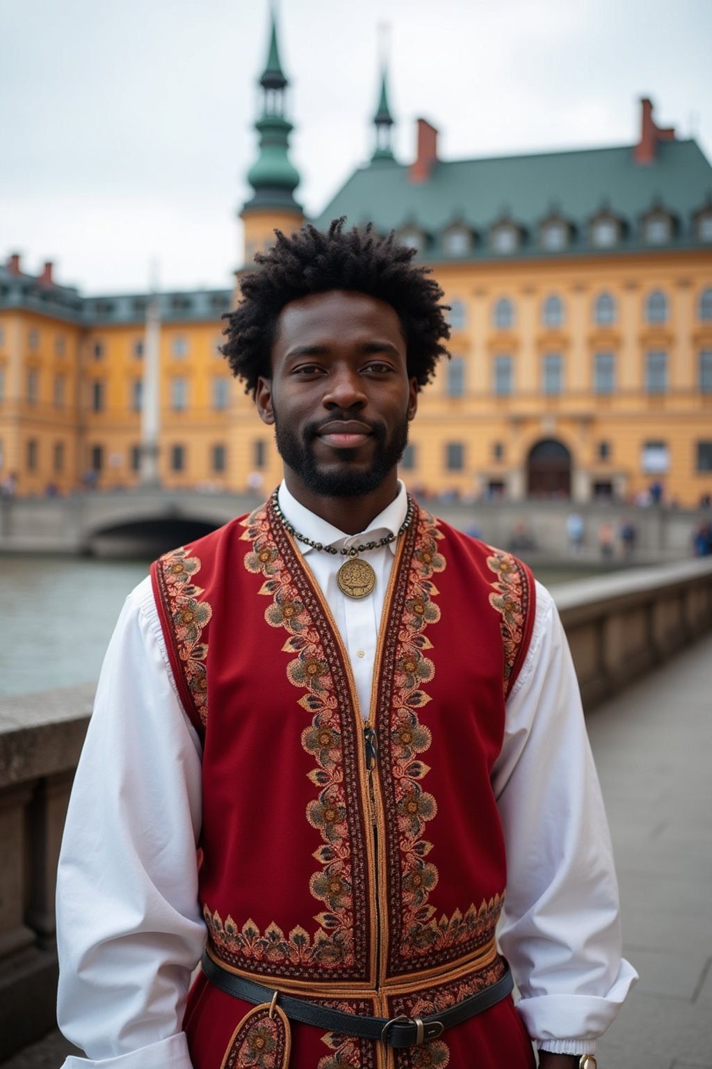 dignified and traditional man in Stockholm wearing a Swedish folkdräkt, Stockholm Palace in the background