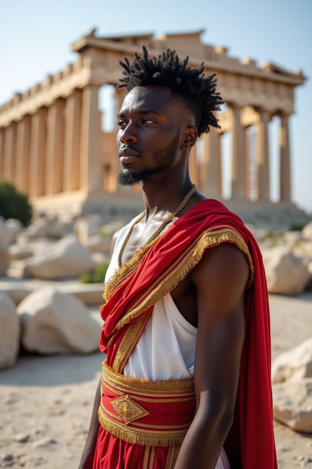 impressive and traditional man in Athens wearing a traditional Evzone uniform/Amalia dress, Parthenon in the background