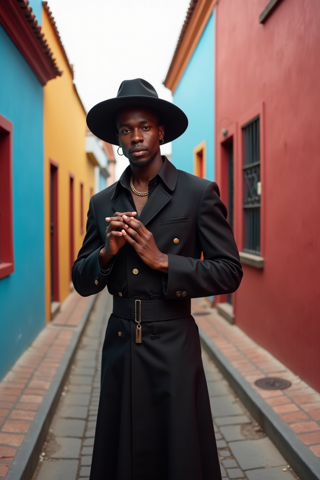 classy and traditional man in Buenos Aires wearing a tango dress/gaucho attire, colorful houses of La Boca neighborhood in the background