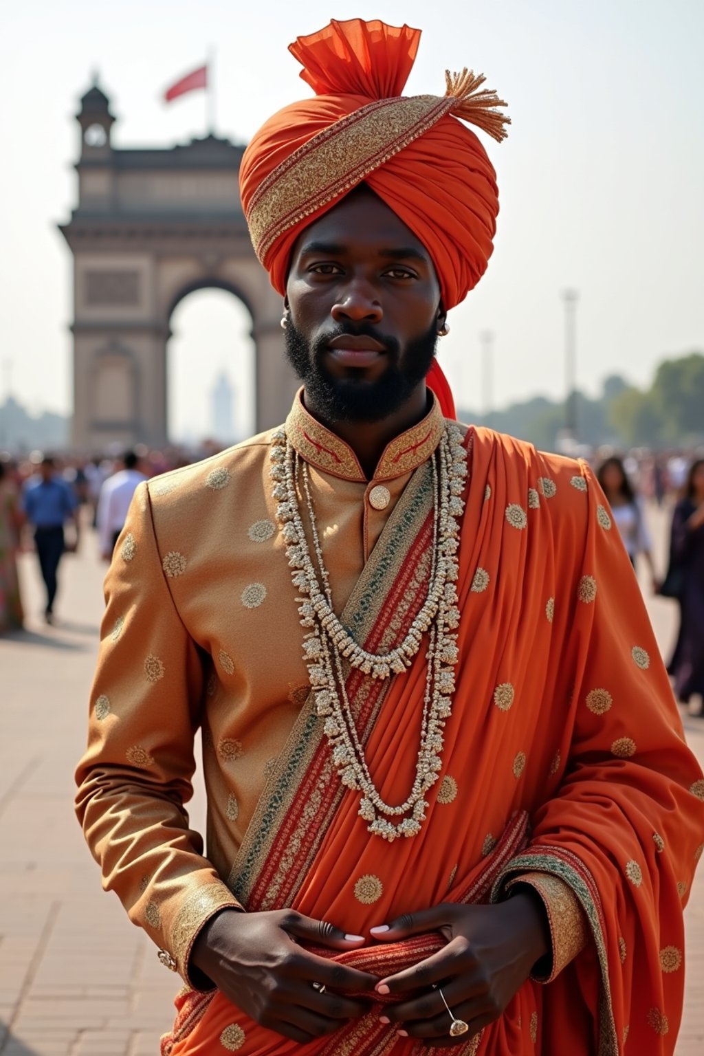 classic and traditional man in Mumbai wearing a vibrant Saree Sherwani, Gateway of India in the background