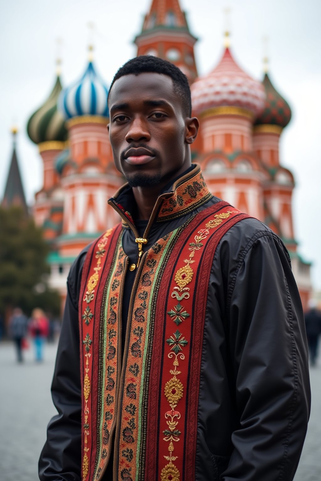 authentic and cultural man in Moscow wearing a traditional sarafan/kosovorotka, Saint Basil's Cathedral in the background