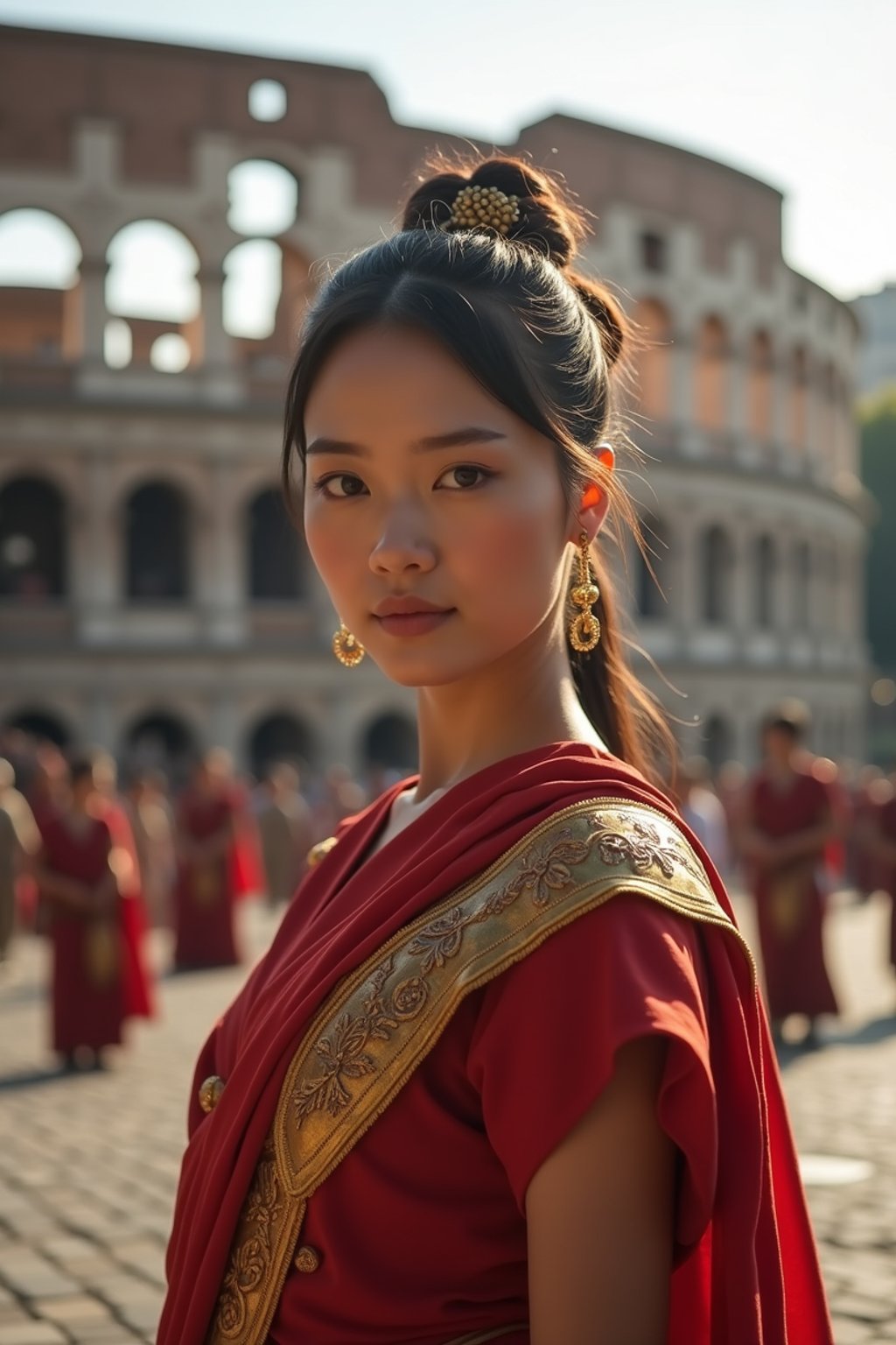 stunning and historical  woman in Rome wearing a traditional Roman stola/toga, Colosseum in the background