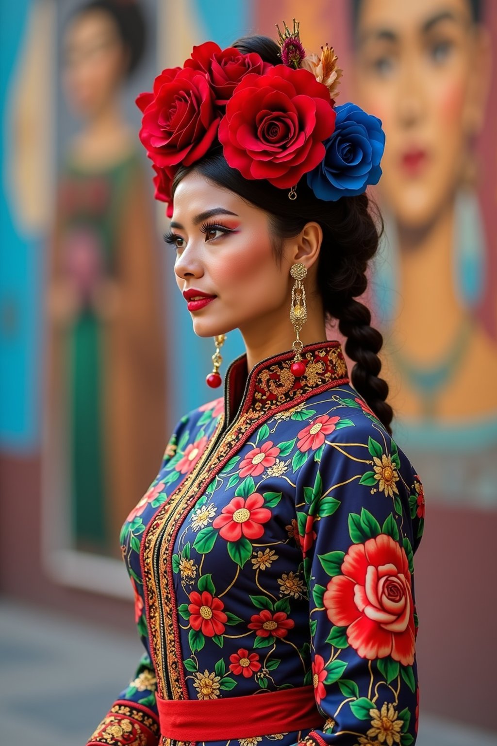 colorful and cultural  woman in Mexico City wearing a traditional charro suit/china poblana, Frida Kahlo Museum in the background