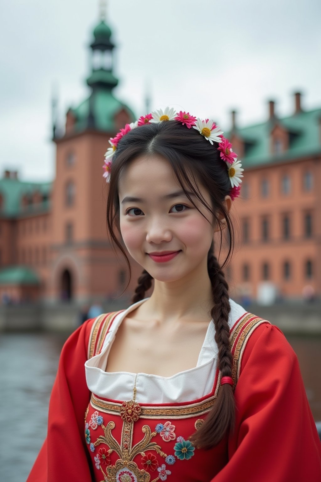 traditional  woman in Stockholm wearing a Swedish folkdräkt, Stockholm Palace in the background