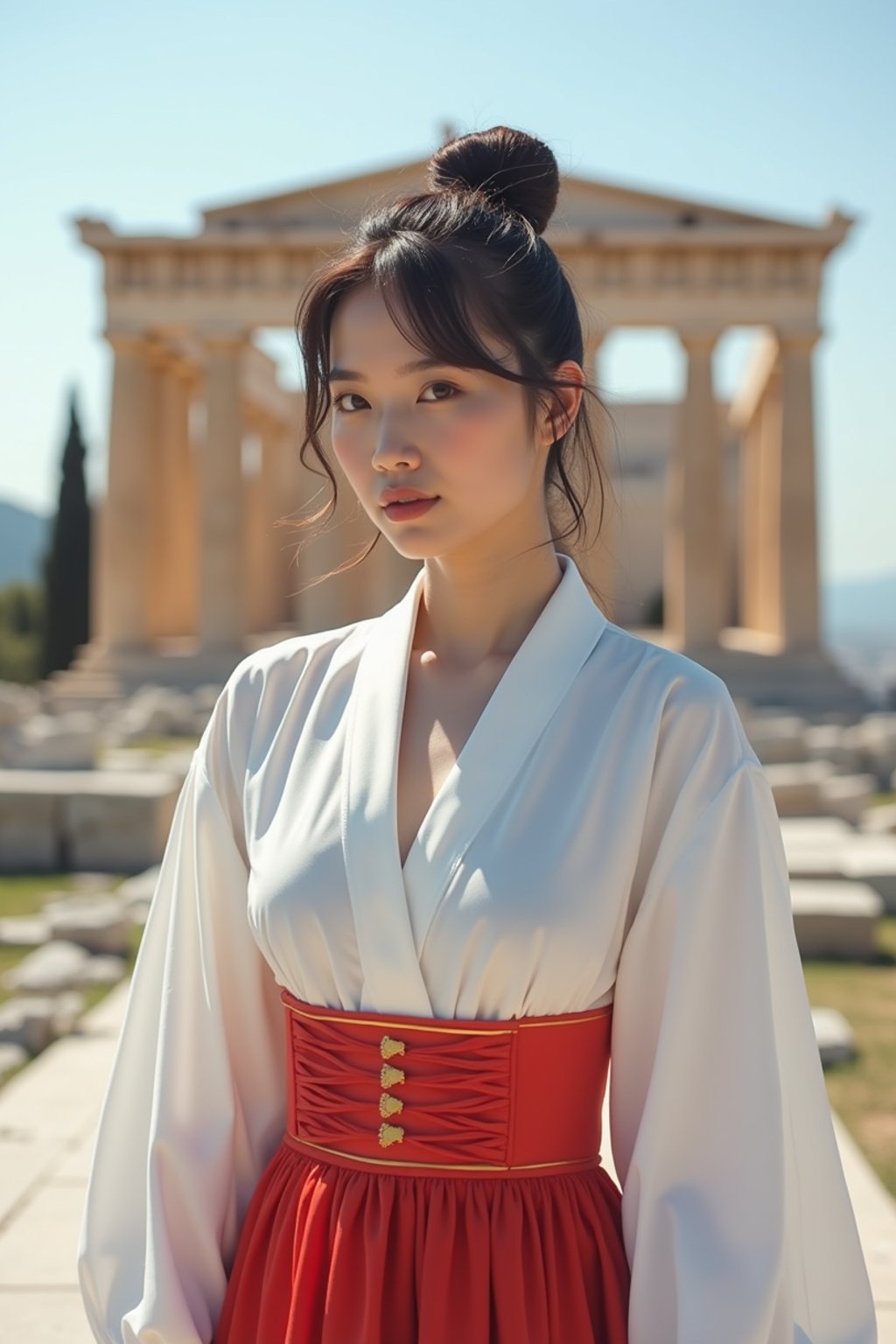 graceful and striking  woman in Athens wearing a traditional Evzone uniform/Amalia dress, Parthenon in the background