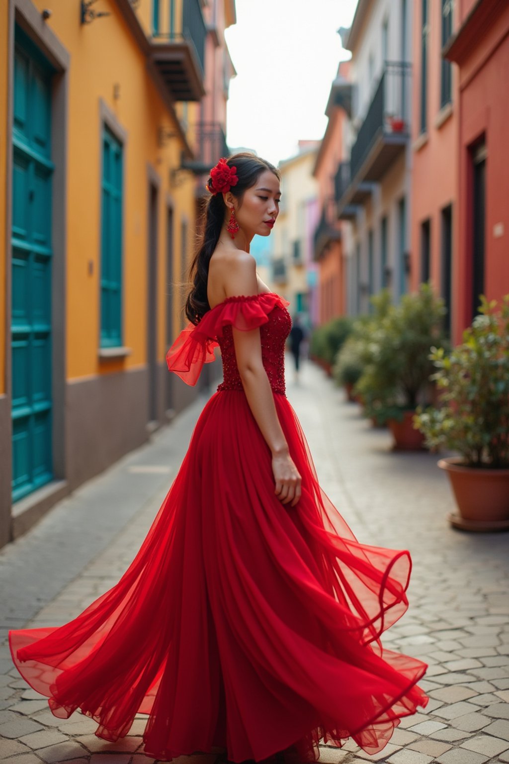 exquisite and traditional  woman in Buenos Aires wearing a tango dress/gaucho attire, colorful houses of La Boca neighborhood in the background