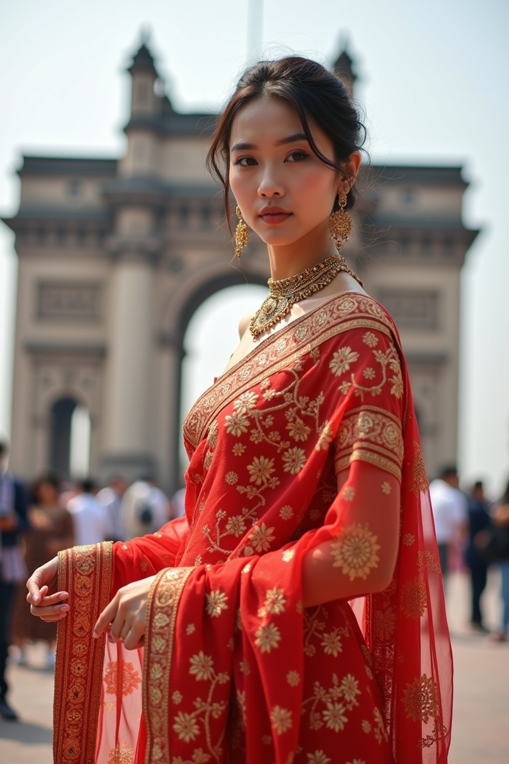 glamorous and traditional  woman in Mumbai wearing a vibrant Saree Sherwani, Gateway of India in the background