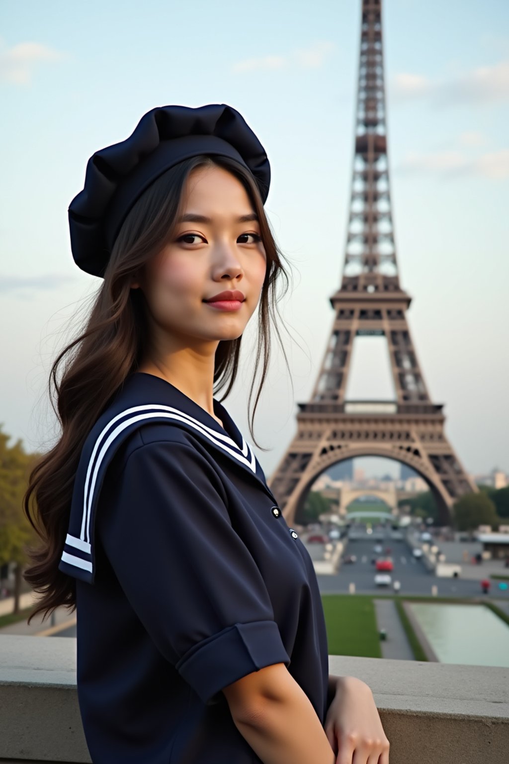 stylish and sophisticated  woman in Paris wearing a traditional Breton shirt and beret, Eiffel Tower in the background