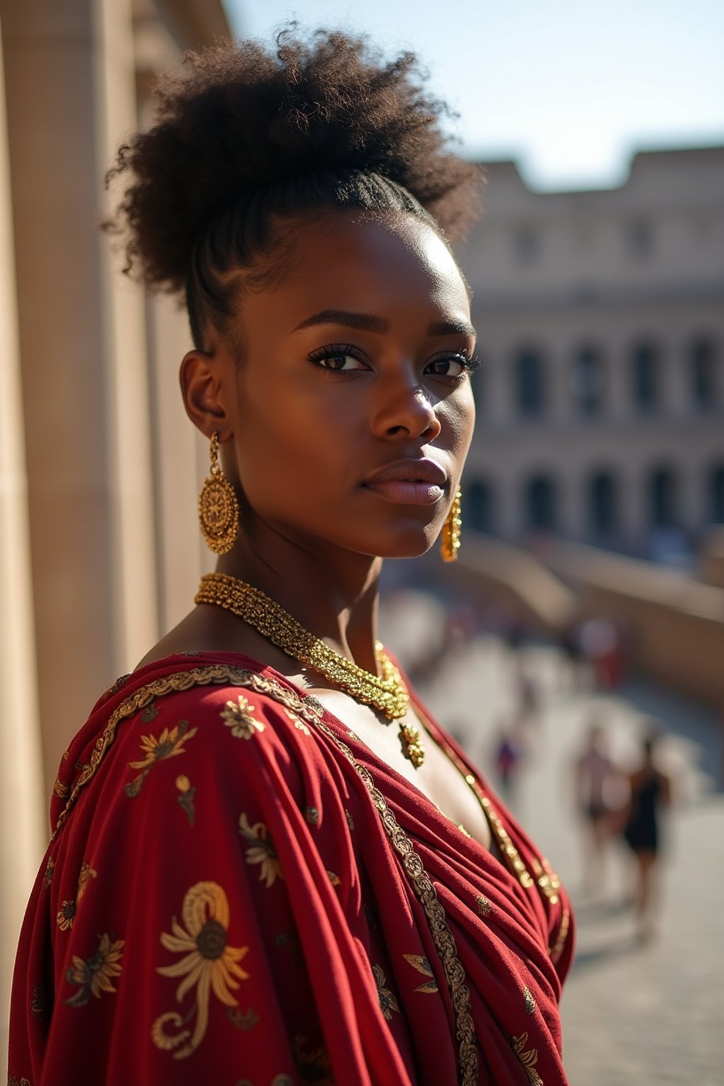 stunning and historical  woman in Rome wearing a traditional Roman stola/toga, Colosseum in the background