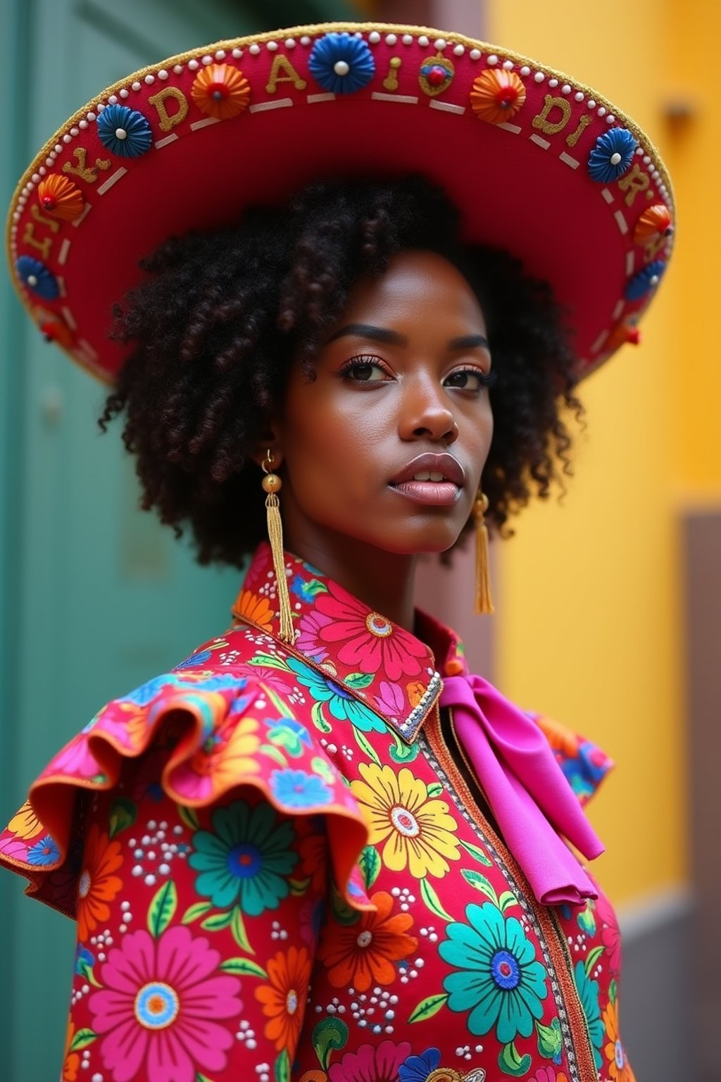 colorful and cultural  woman in Mexico City wearing a traditional charro suit/china poblana, Frida Kahlo Museum in the background