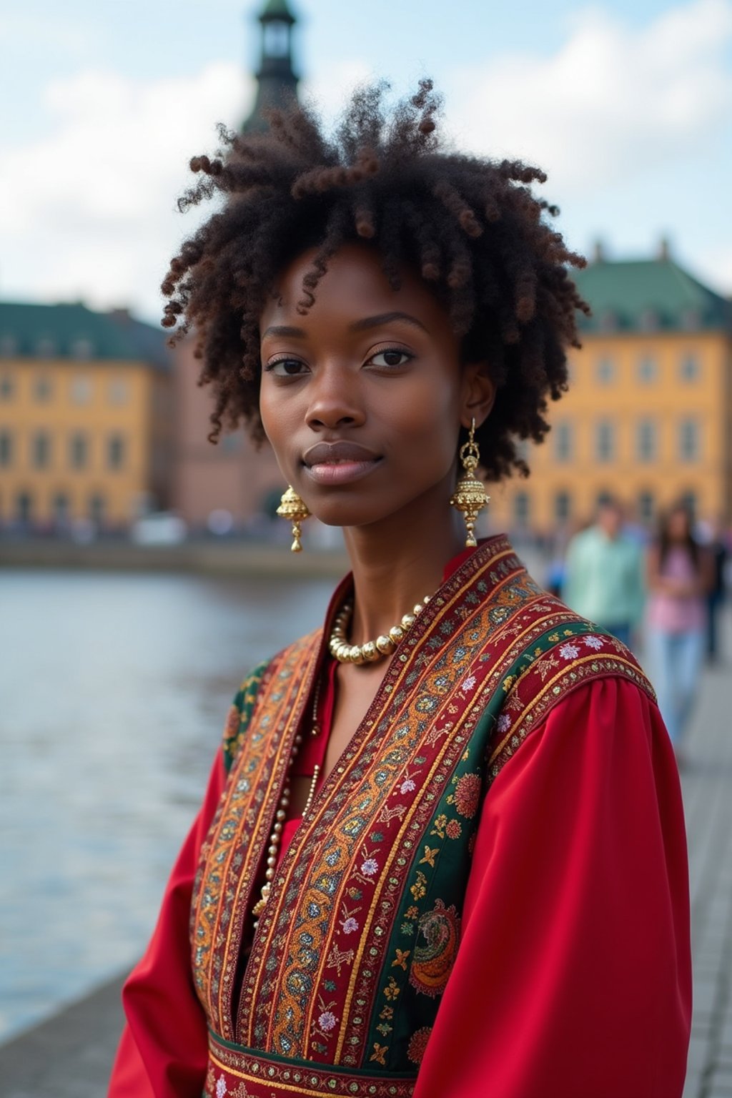 traditional  woman in Stockholm wearing a Swedish folkdräkt, Stockholm Palace in the background