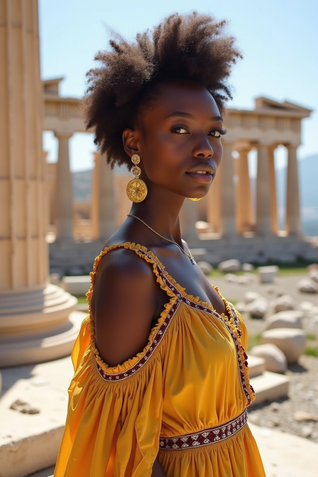 graceful and striking  woman in Athens wearing a traditional Evzone uniform/Amalia dress, Parthenon in the background