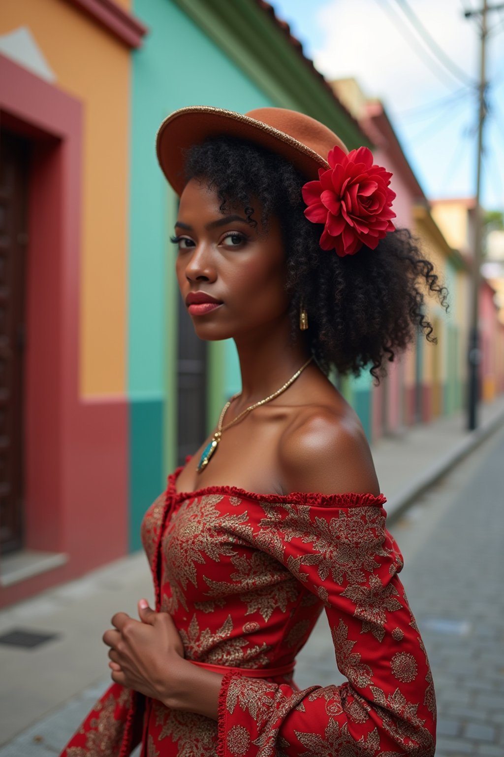 exquisite and traditional  woman in Buenos Aires wearing a tango dress/gaucho attire, colorful houses of La Boca neighborhood in the background