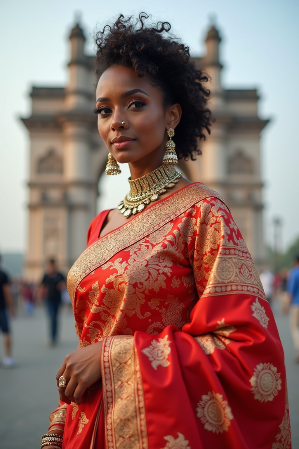 glamorous and traditional  woman in Mumbai wearing a vibrant Saree Sherwani, Gateway of India in the background