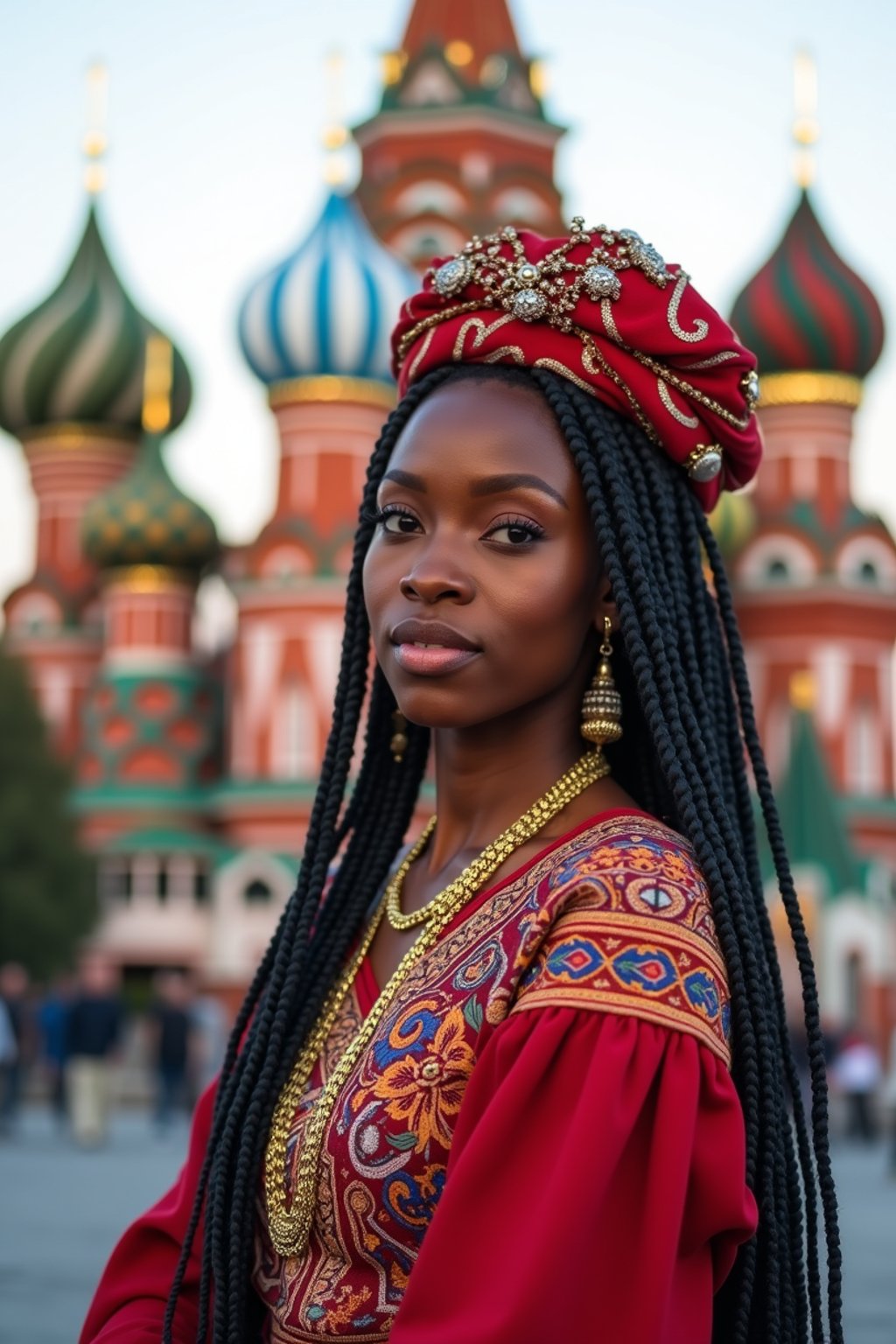 lovely and cultural  woman in Moscow wearing a traditional sarafan/kosovorotka, Saint Basil's Cathedral in the background