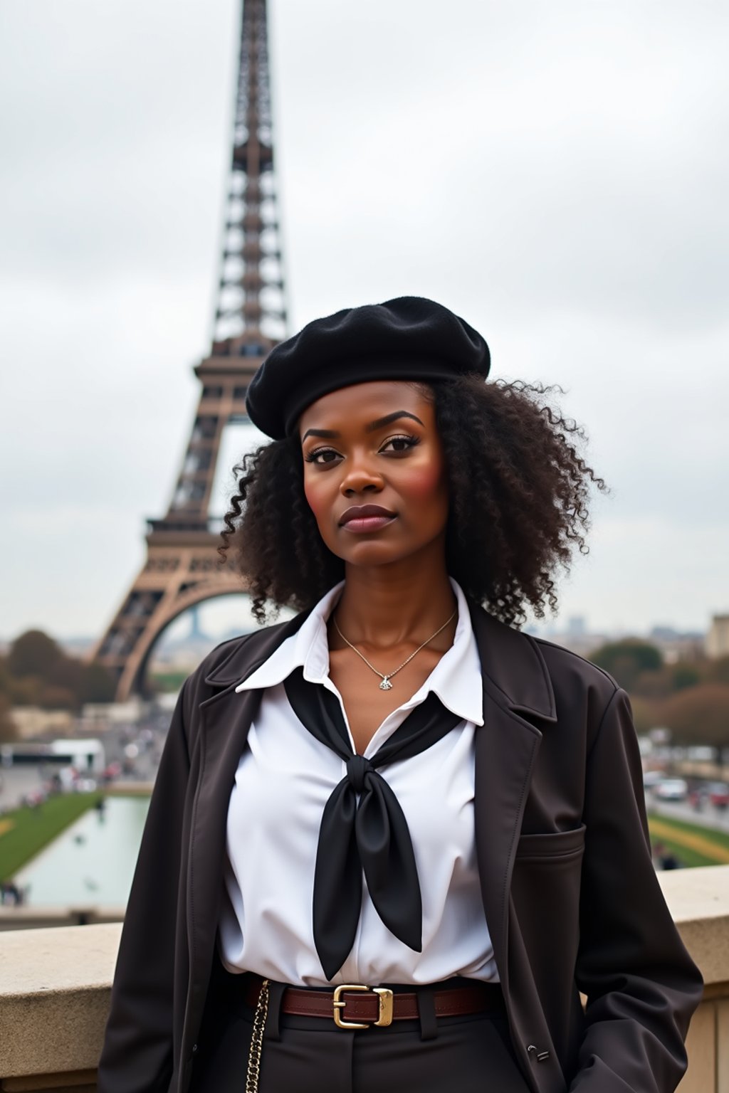 stylish and sophisticated  woman in Paris wearing a traditional Breton shirt and beret, Eiffel Tower in the background