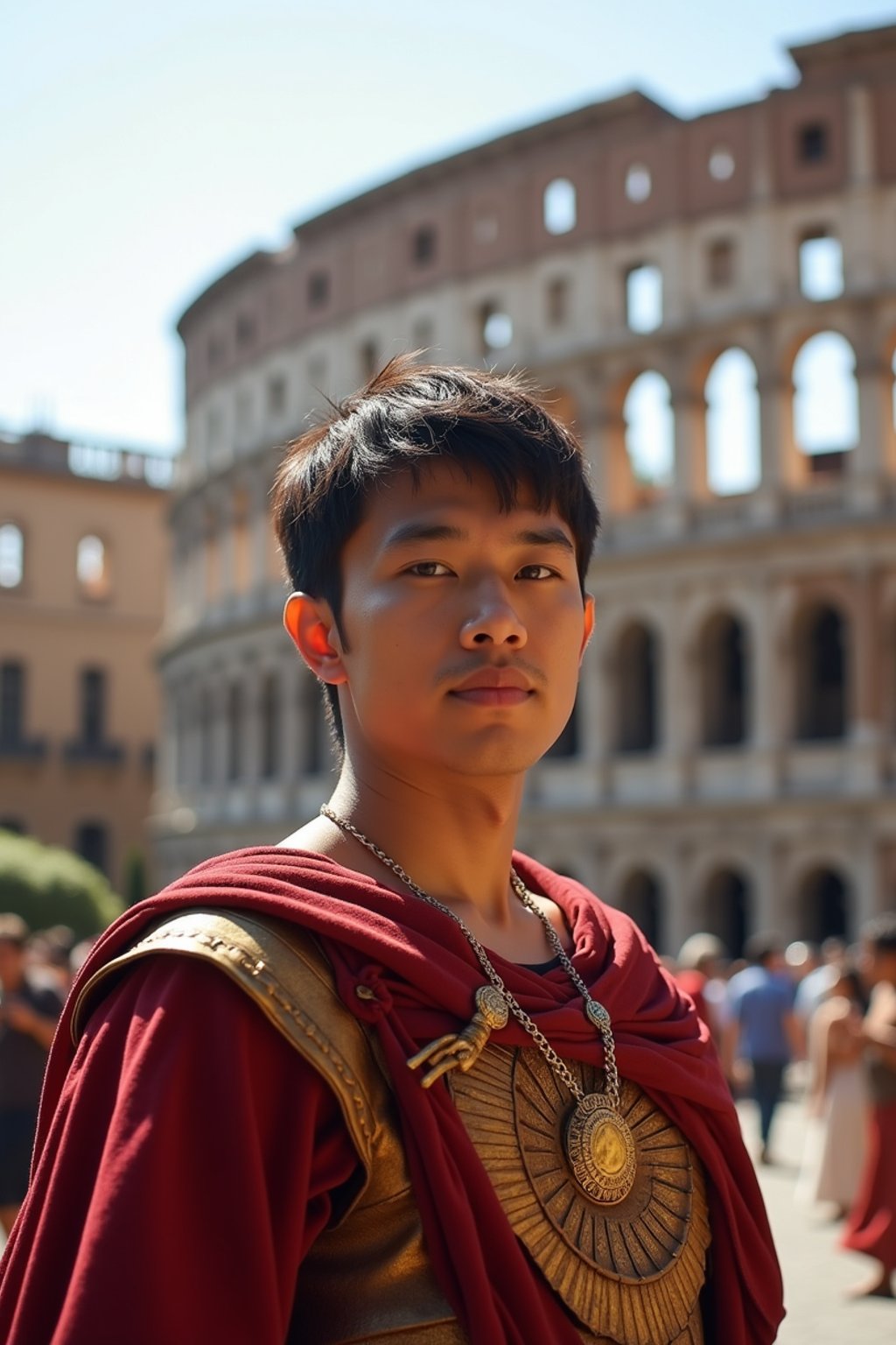 grand and historical man in Rome wearing a traditional Roman stola/toga, Colosseum in the background