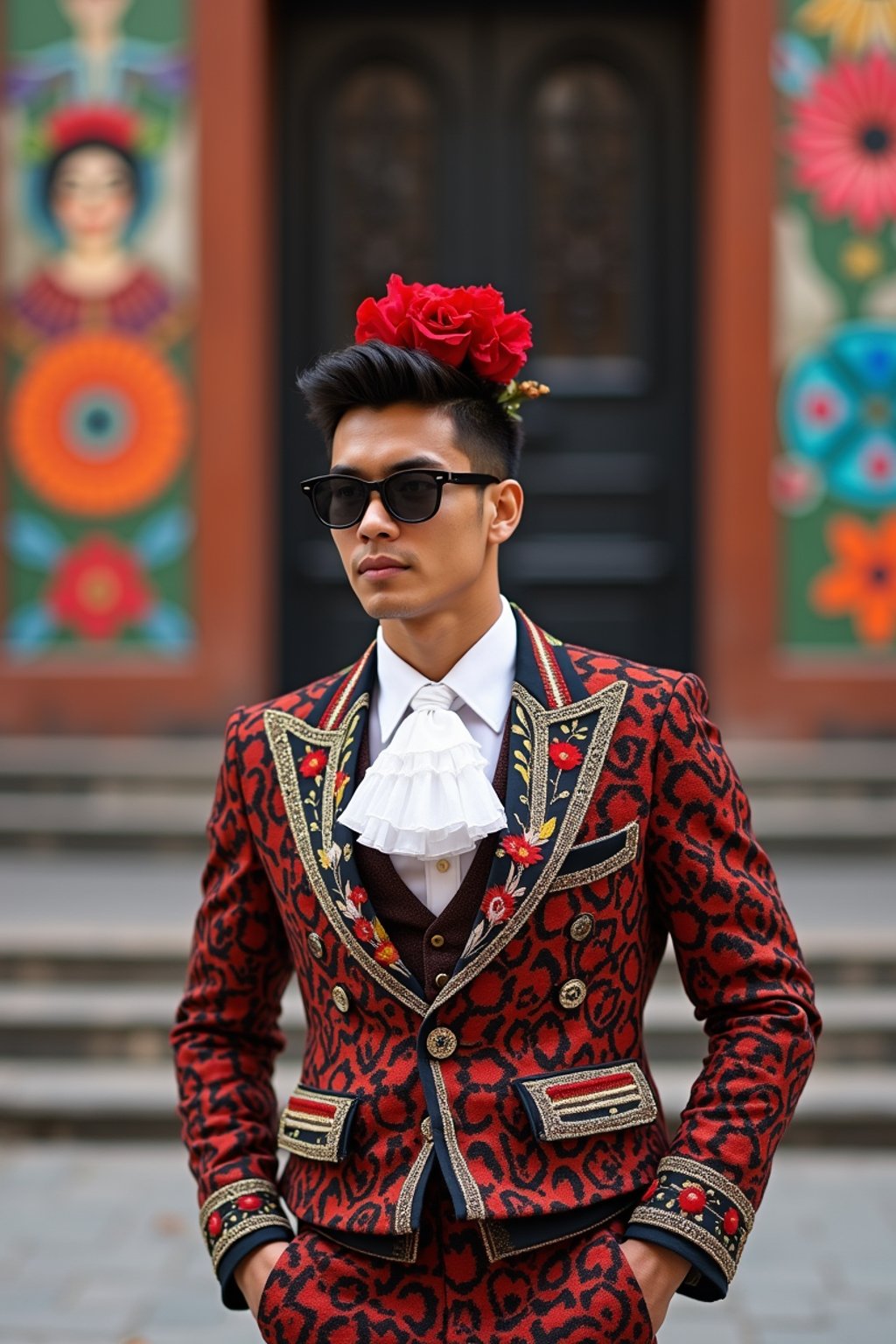 bold and cultural man in Mexico City wearing a traditional charro suit/china poblana, Frida Kahlo Museum in the background