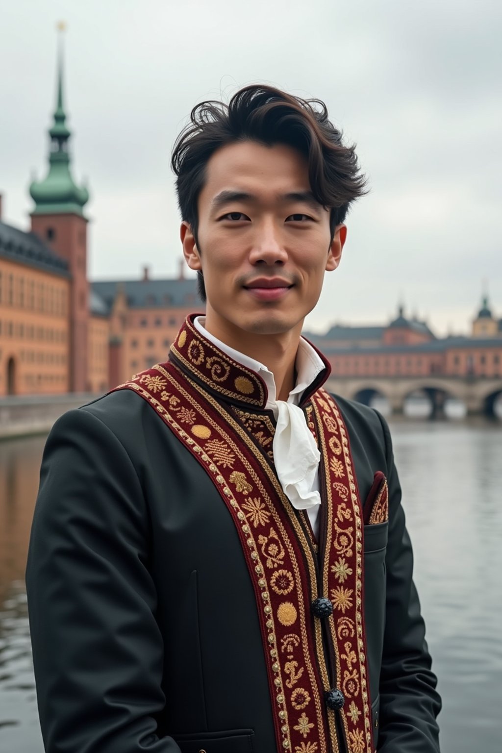 dignified and traditional man in Stockholm wearing a Swedish folkdräkt, Stockholm Palace in the background