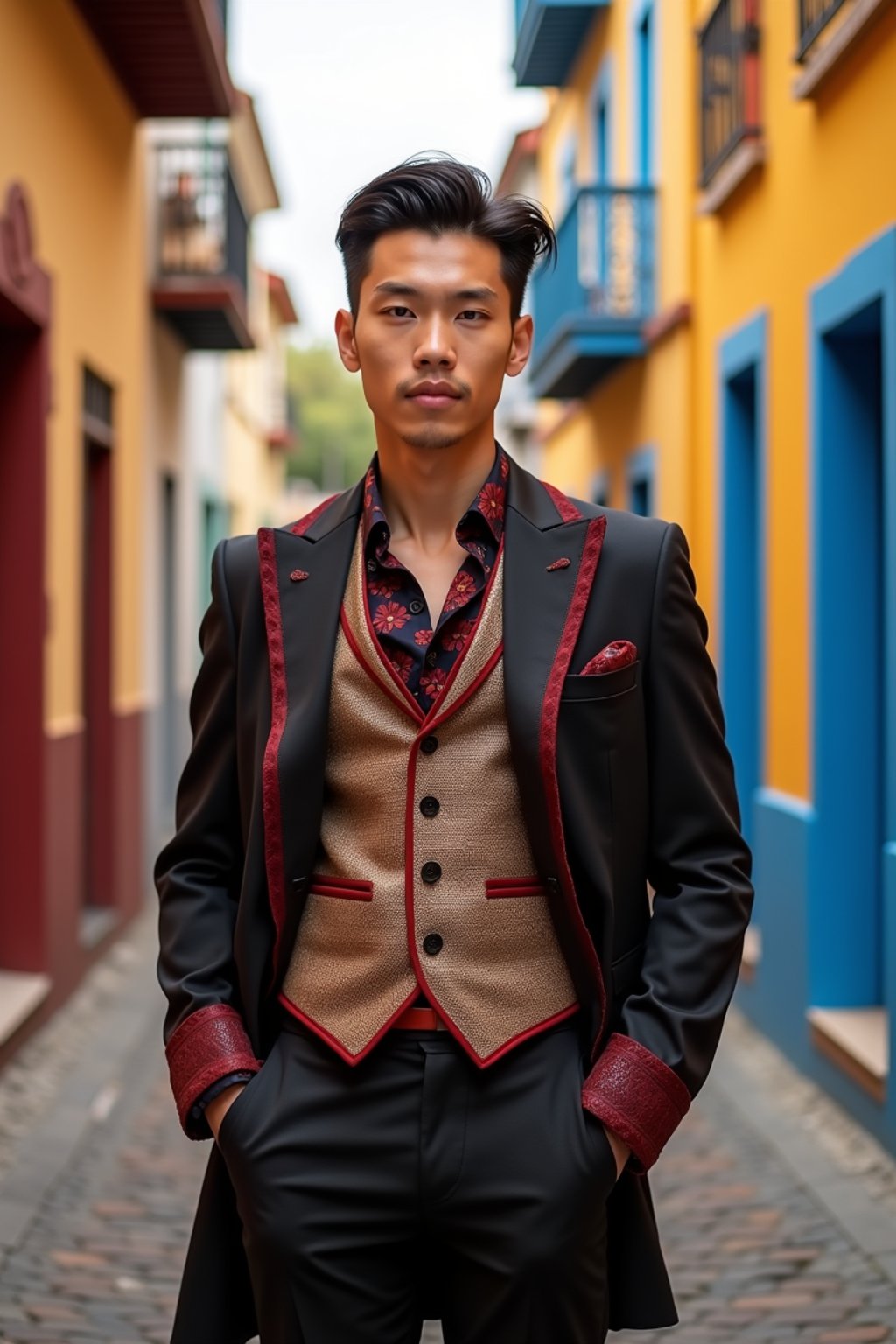 classy and traditional man in Buenos Aires wearing a tango dress/gaucho attire, colorful houses of La Boca neighborhood in the background