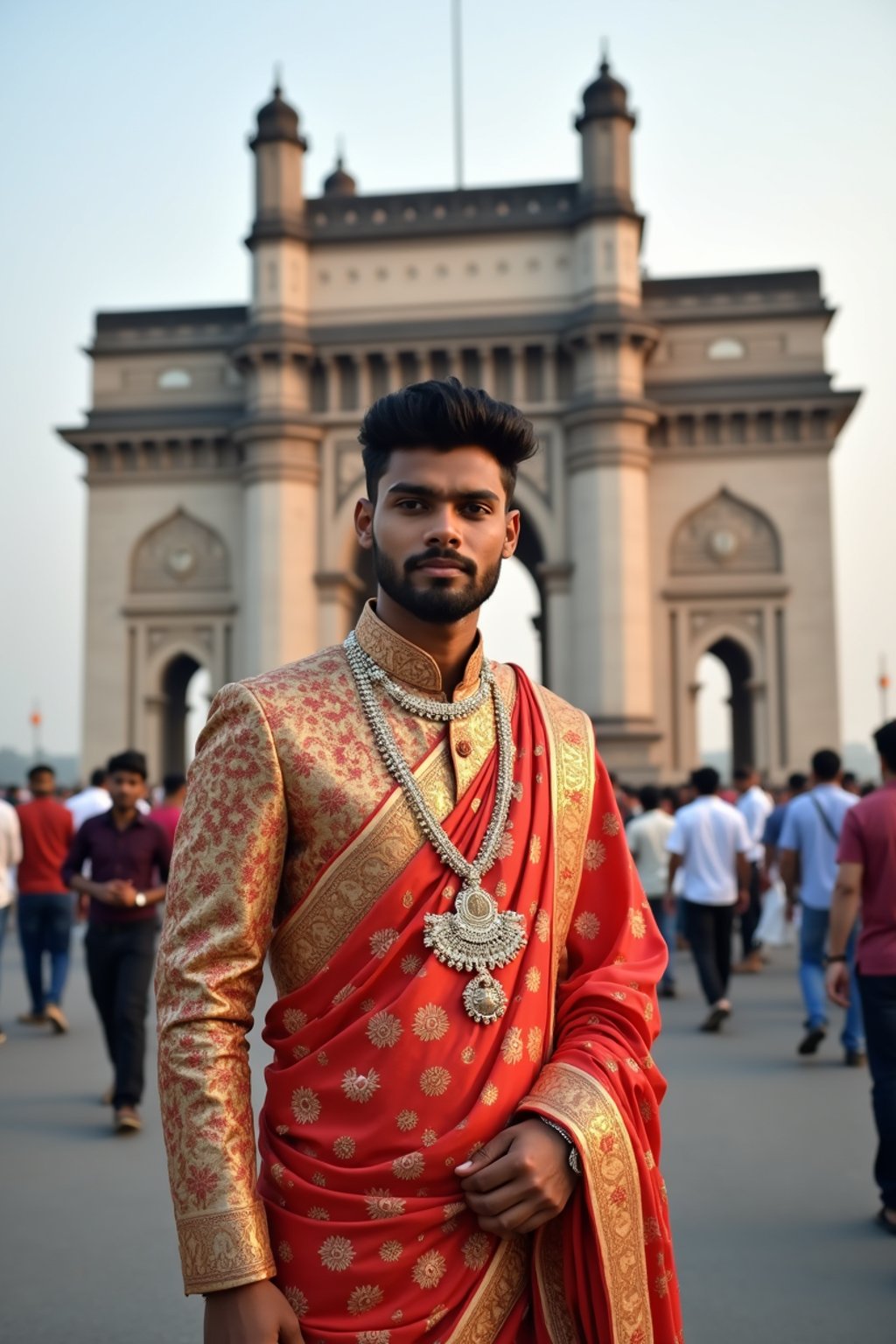 classic and traditional man in Mumbai wearing a vibrant Saree Sherwani, Gateway of India in the background