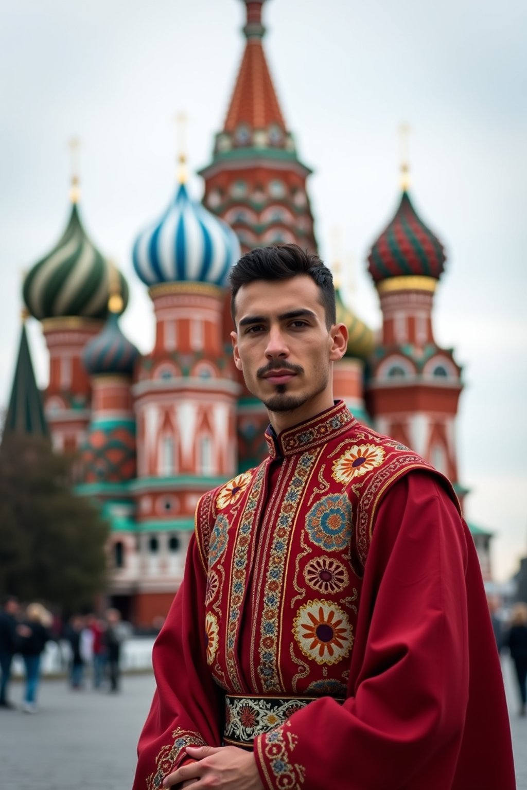 authentic and cultural man in Moscow wearing a traditional sarafan/kosovorotka, Saint Basil's Cathedral in the background