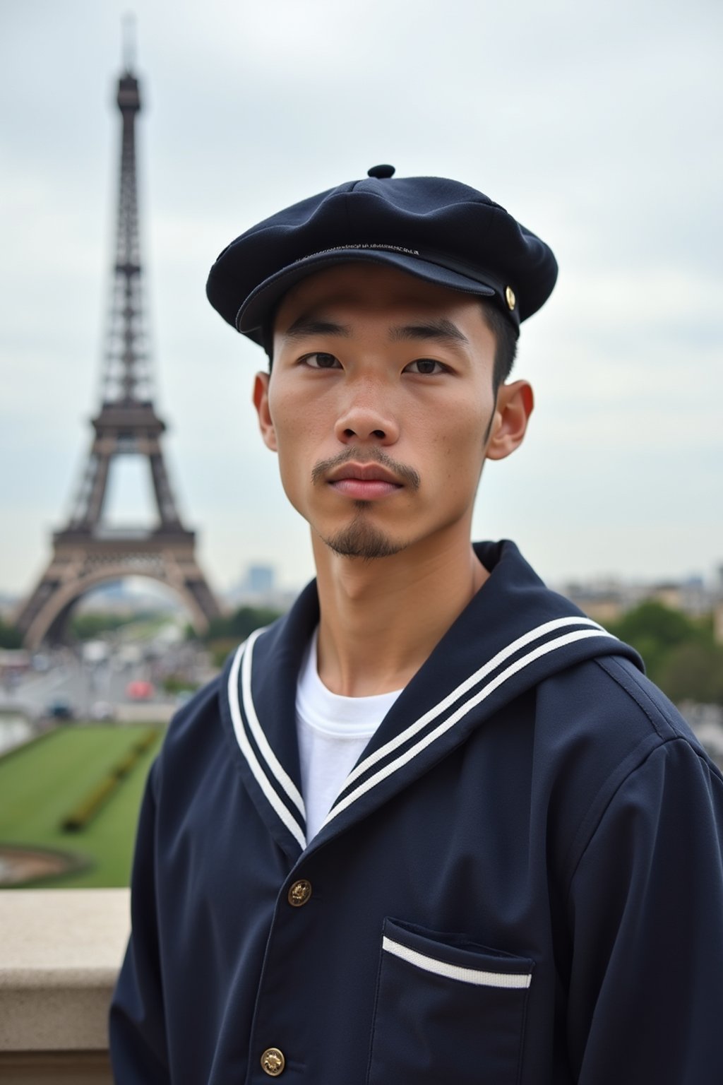 polished and traditional man in Paris wearing a traditional Breton shirt and beret, Eiffel Tower in the background