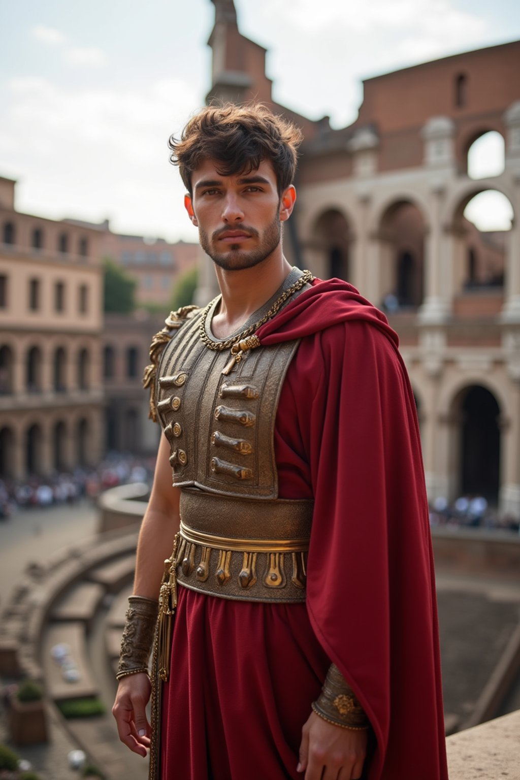 grand and historical man in Rome wearing a traditional Roman stola/toga, Colosseum in the background