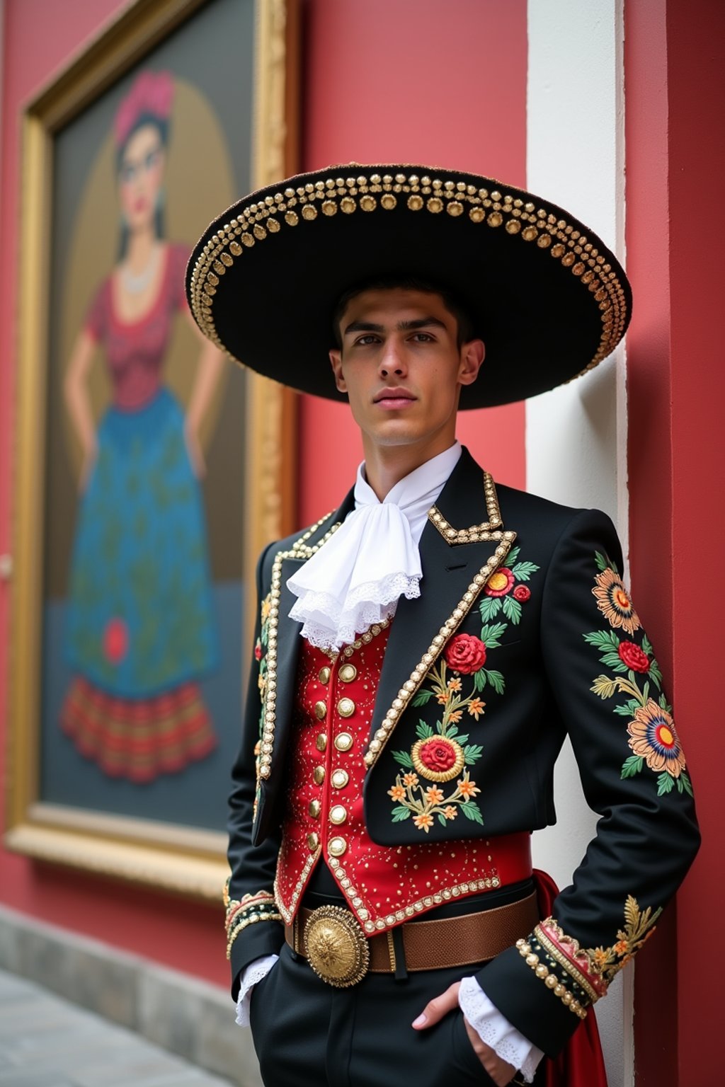 bold and cultural man in Mexico City wearing a traditional charro suit/china poblana, Frida Kahlo Museum in the background