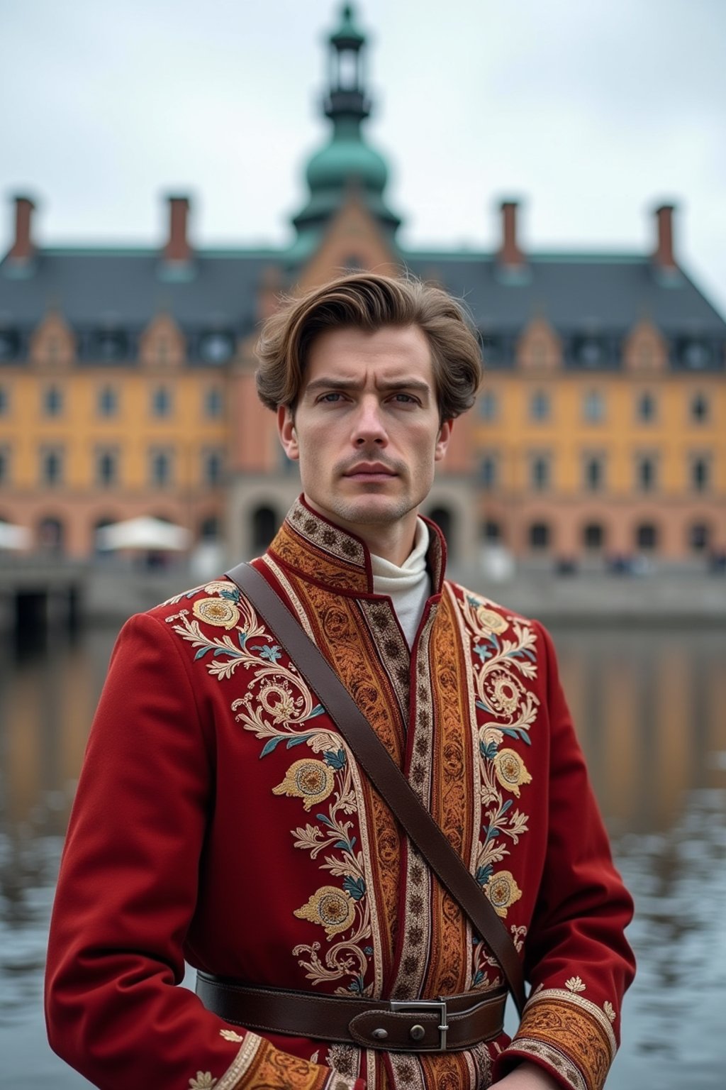 dignified and traditional man in Stockholm wearing a Swedish folkdräkt, Stockholm Palace in the background