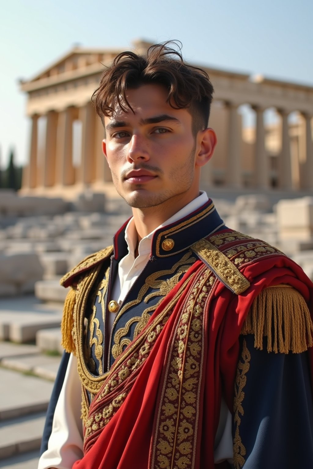 impressive and traditional man in Athens wearing a traditional Evzone uniform/Amalia dress, Parthenon in the background