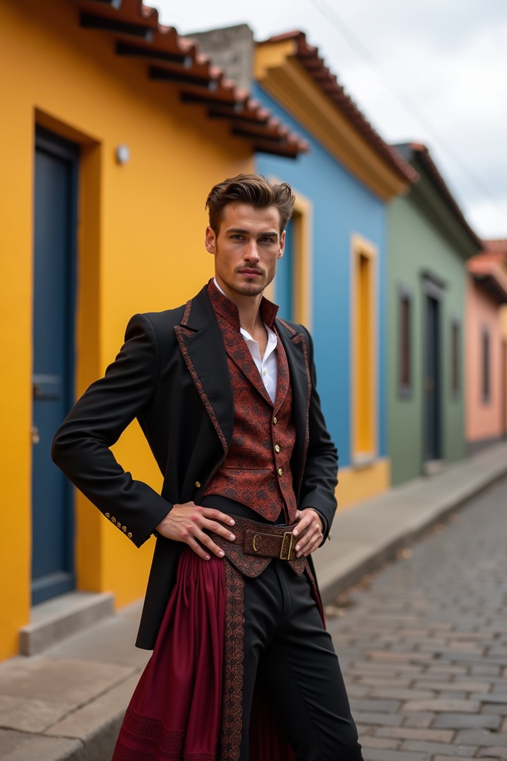 classy and traditional man in Buenos Aires wearing a tango dress/gaucho attire, colorful houses of La Boca neighborhood in the background