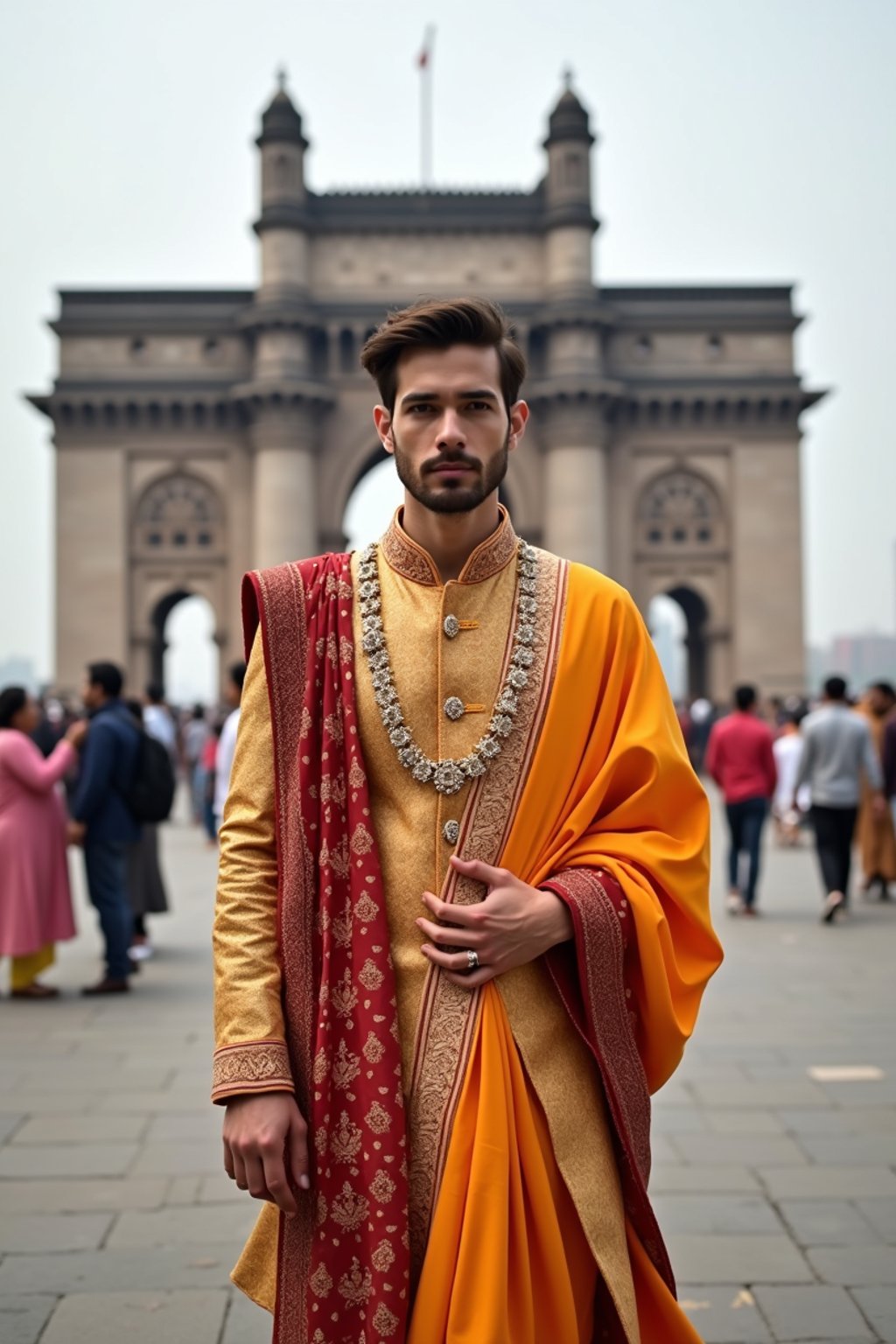 classic and traditional man in Mumbai wearing a vibrant Saree Sherwani, Gateway of India in the background