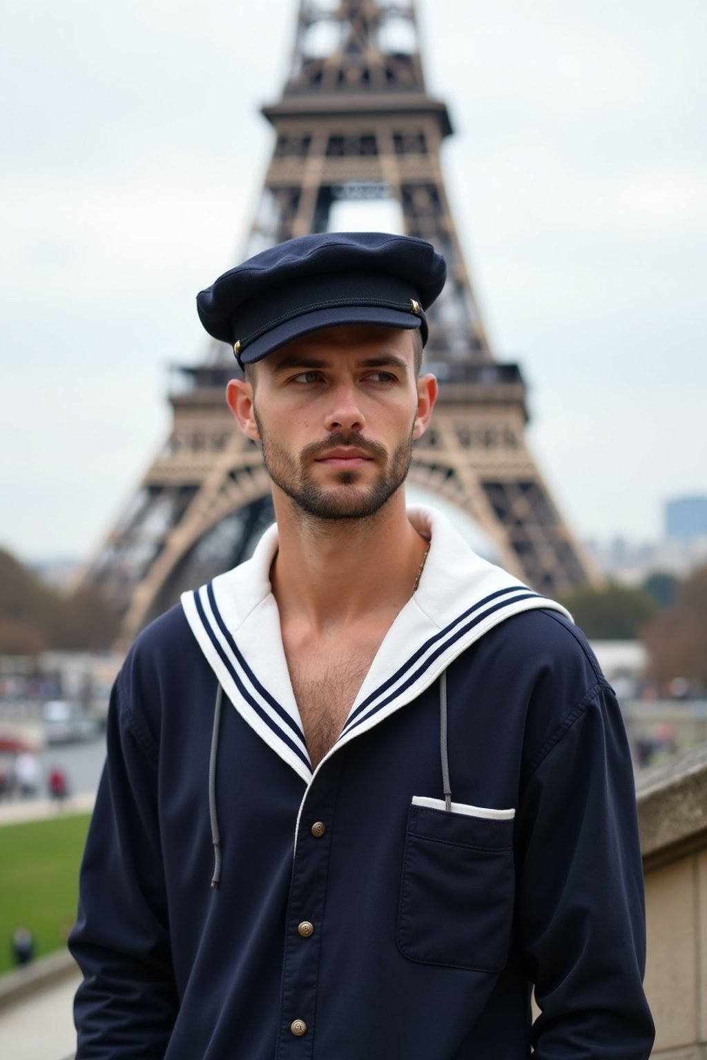 polished and traditional man in Paris wearing a traditional Breton shirt and beret, Eiffel Tower in the background