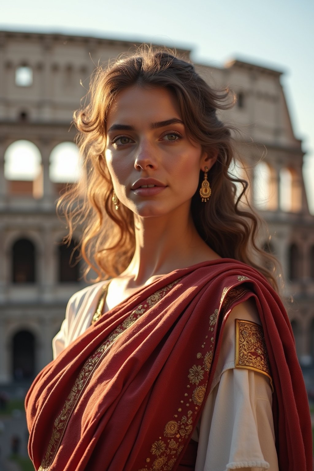 stunning and historical  woman in Rome wearing a traditional Roman stola/toga, Colosseum in the background