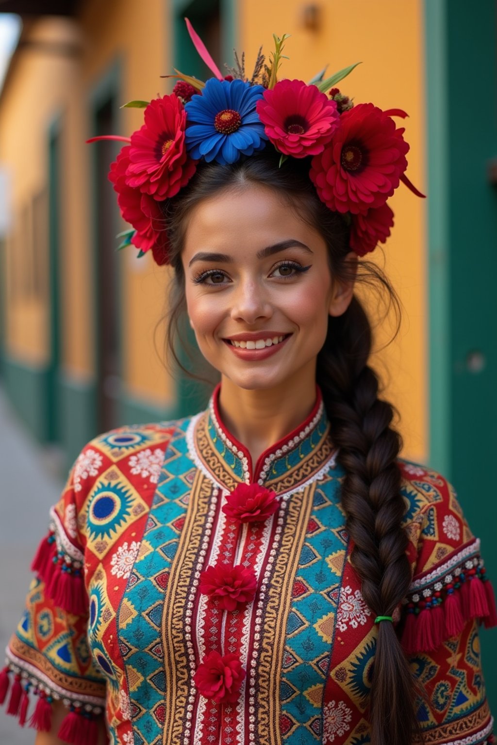 colorful and cultural  woman in Mexico City wearing a traditional charro suit/china poblana, Frida Kahlo Museum in the background