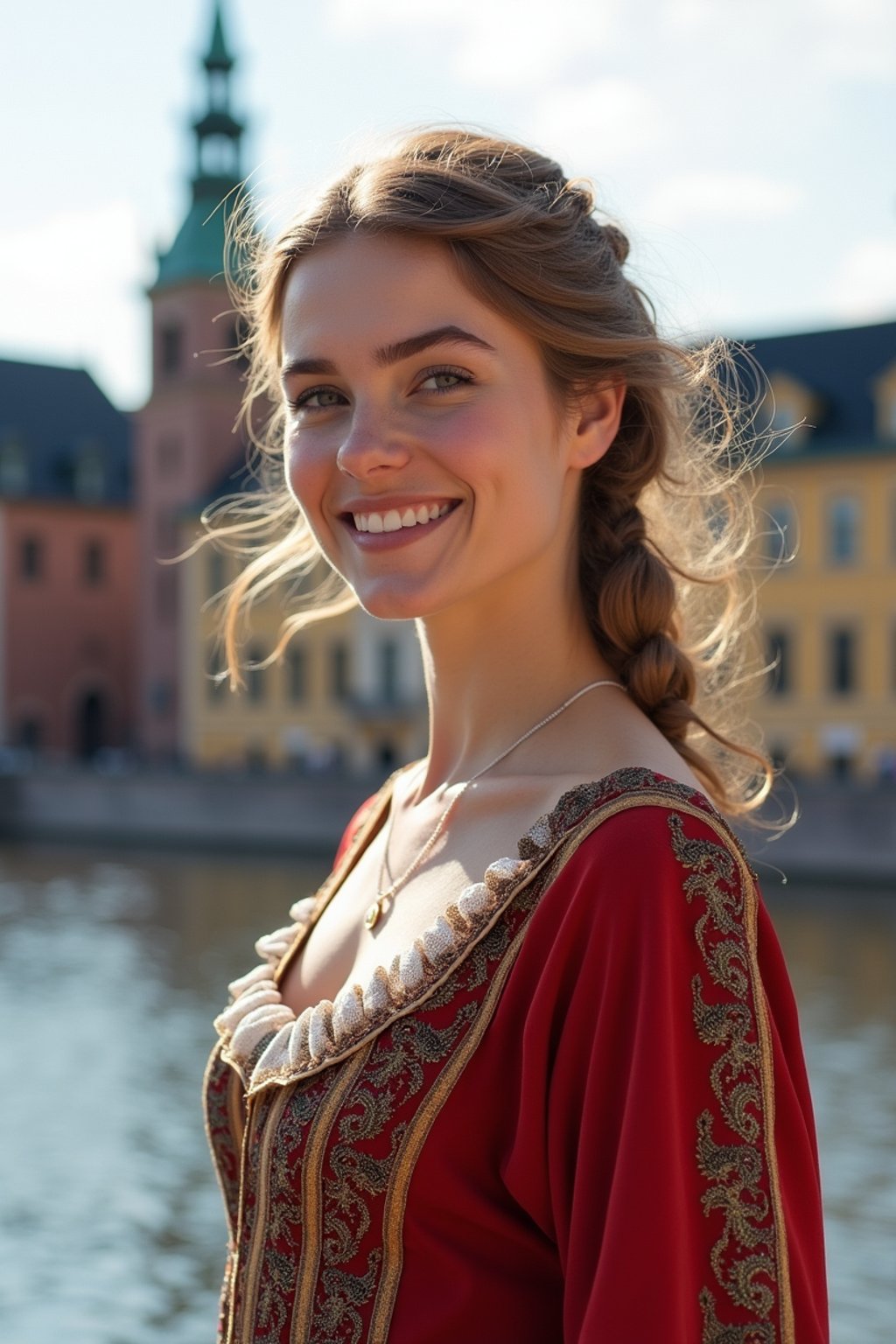 traditional  woman in Stockholm wearing a Swedish folkdräkt, Stockholm Palace in the background