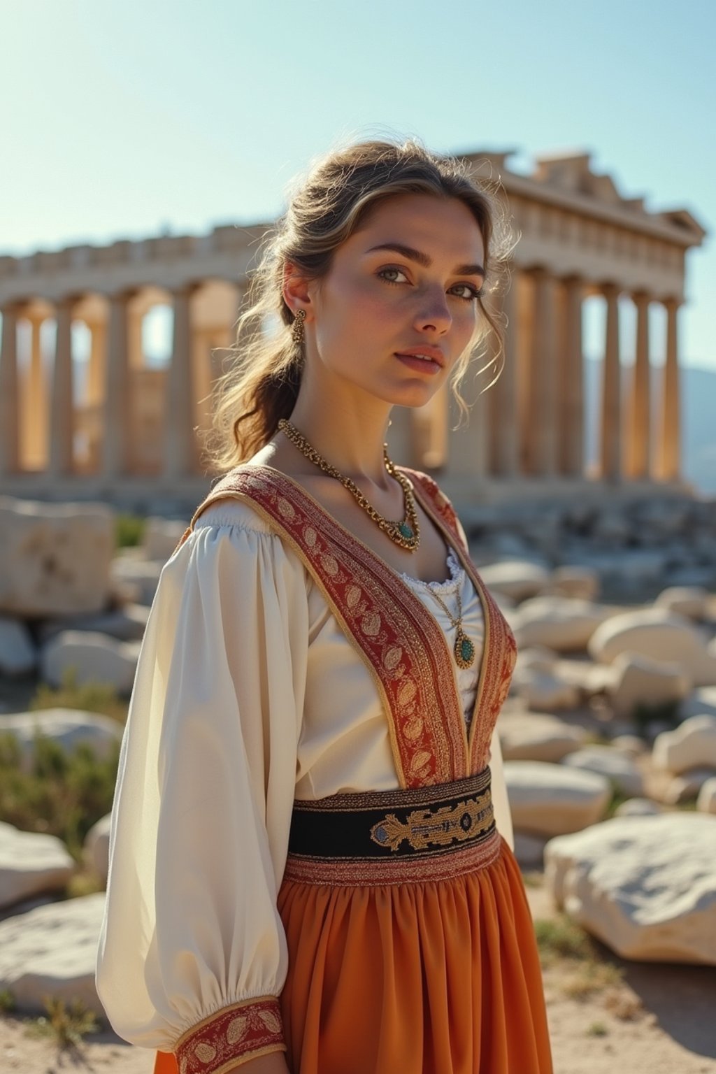 graceful and striking  woman in Athens wearing a traditional Evzone uniform/Amalia dress, Parthenon in the background